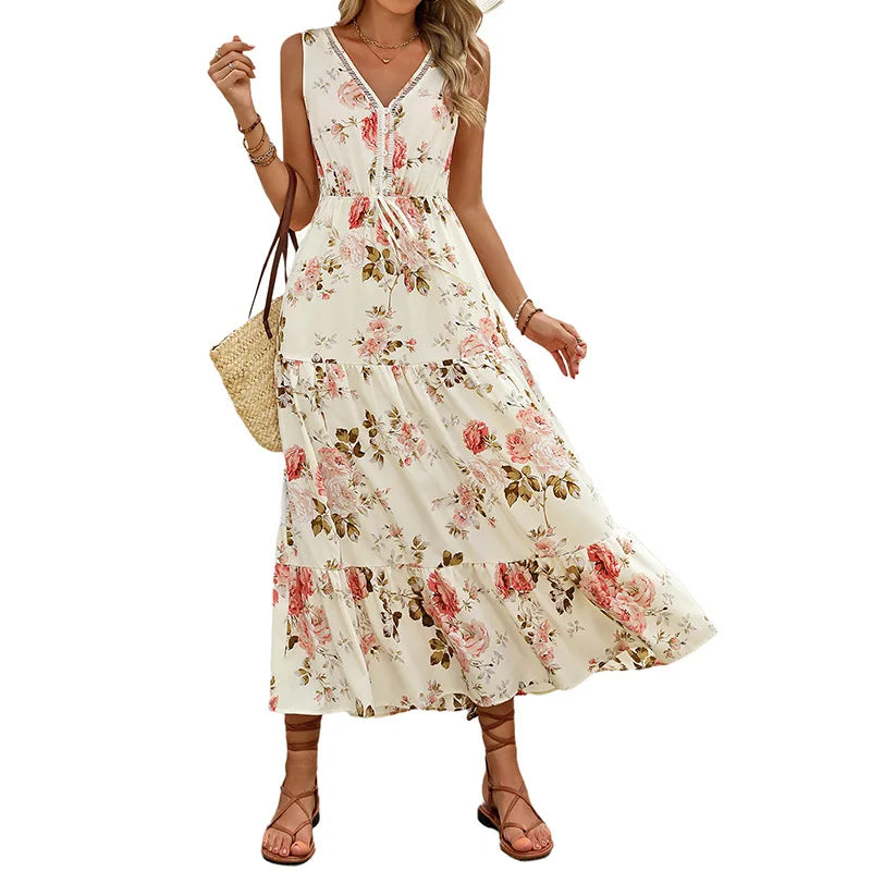 2025 Spring New Fashion Floral French Style Dresses Sleeveless A-line Women Clothes Elegant Casual Long Dress