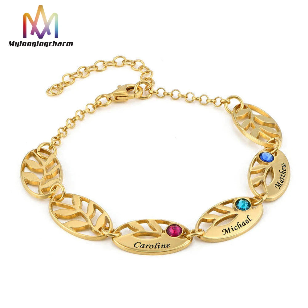 Custom Stainless Steel Names Engraving Mother Life Tree Leaf Chain Stone Bracelet Natural Birthstone Bracelet