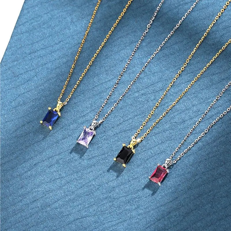Crystal Diamond Stones Pendant Wholesale Real 925 Sterling Silver CZ Zircon Rectangle Square Birthstone Pendant Necklace
