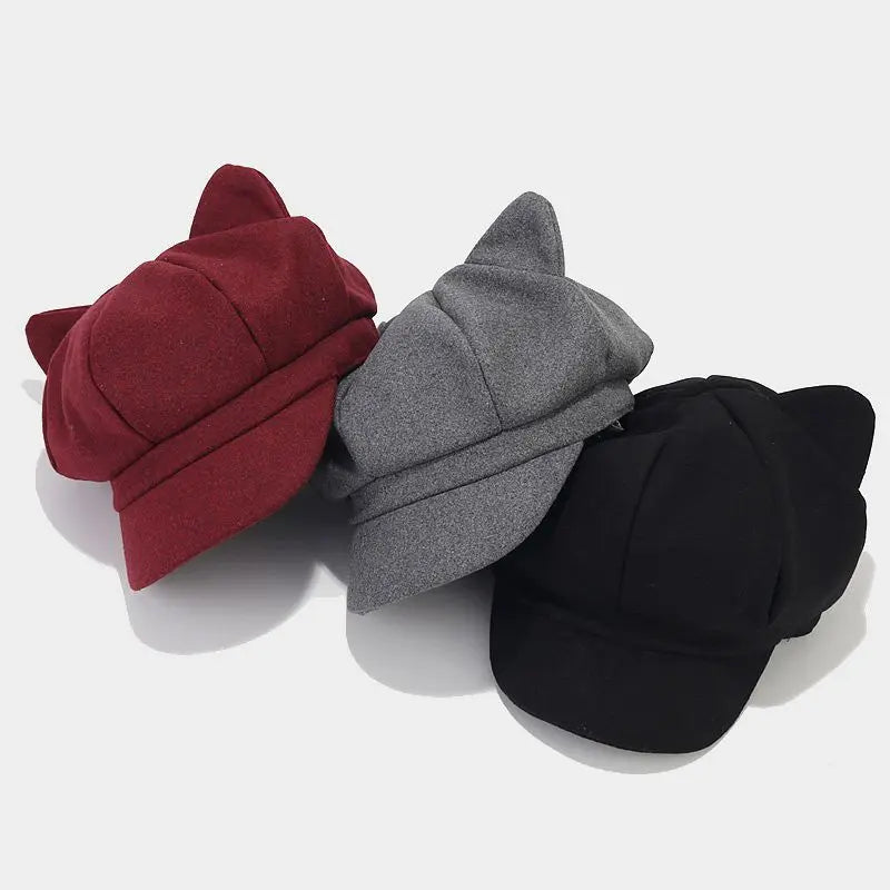 Fashion Cat Ear Octagonal Cap for Women Solid Plain Woolen Felt Newsboy Cap Autumn Winter Artist Painter Beret Hat