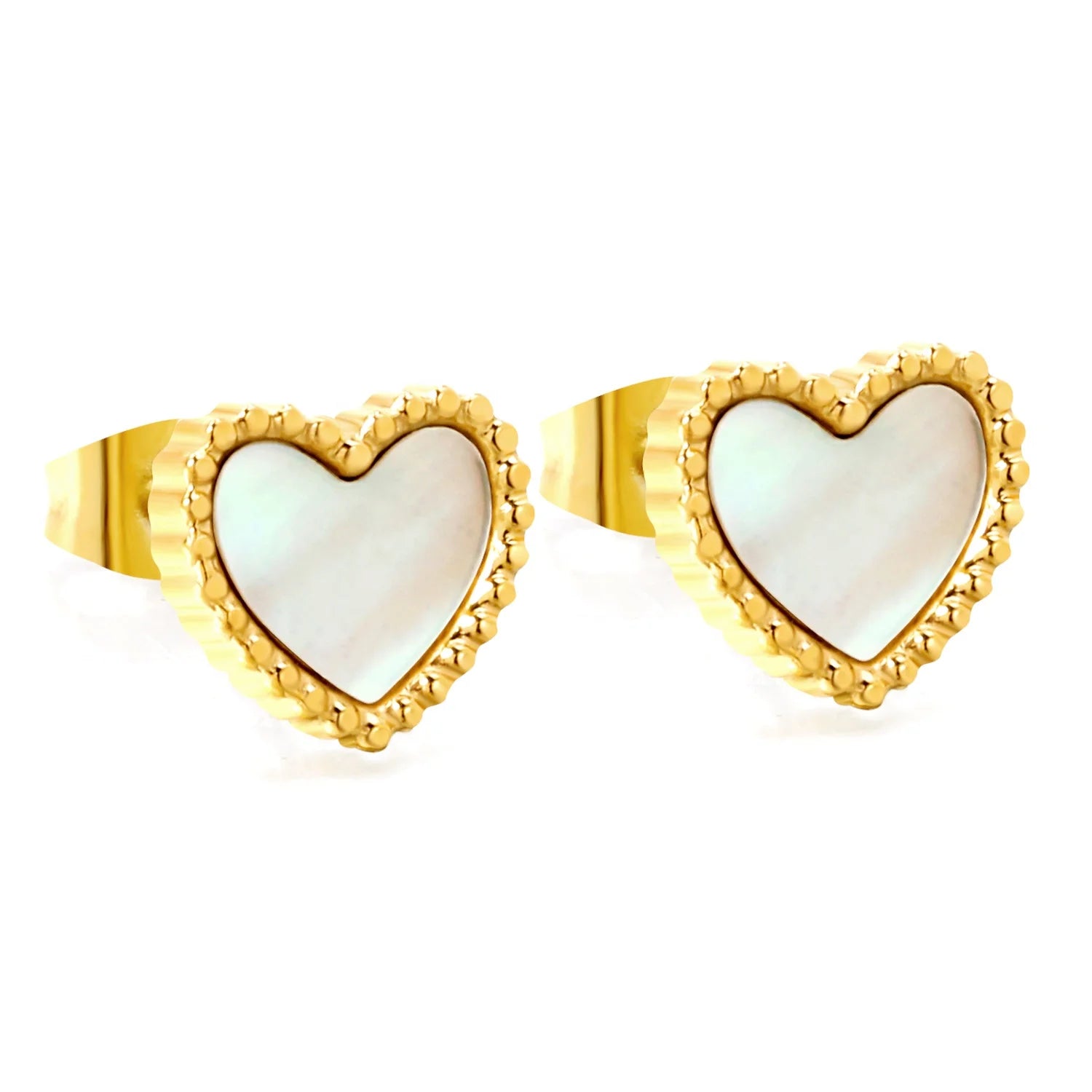Customized Wholesale Beaded Edge Inlaid White Shell Heart Stud Earrings for Women Stainless Steel Gold Plated Heart Earrings