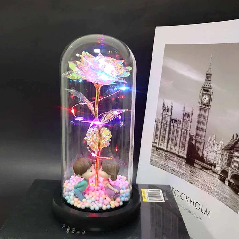 Reasonable Price Popular Gifts 24k Galaxy Roses Gold Dipped Roses With Doll in Glass Dome