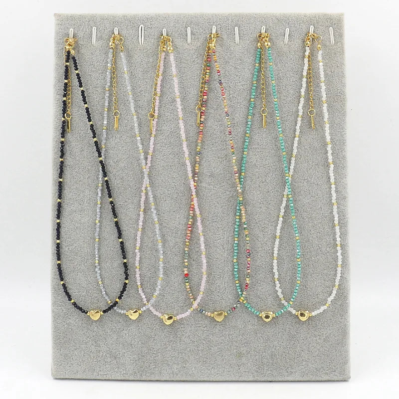 Delicate Colorful Crystal Beaded Necklace Simple Gold-Plated Heart Collarbone Chain for Women
