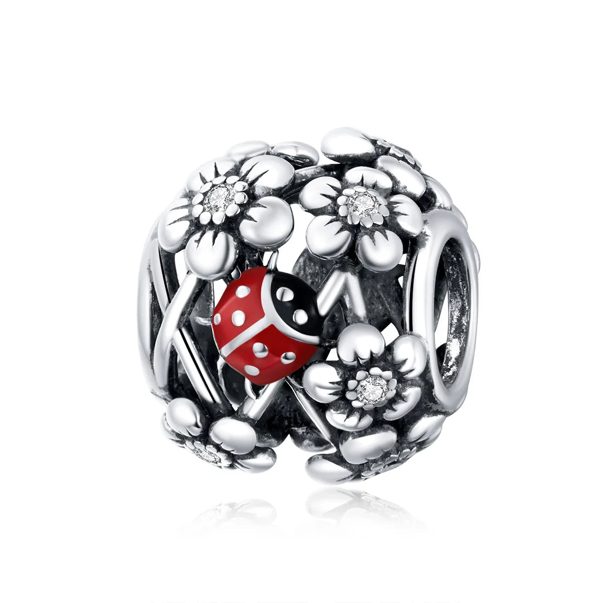 925 Sterling Silver Ladybug Charm Pendant with Zircon Flower Bead for Original Bracelet Necklace DIY Jewelry Accessories SCC1641