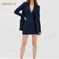 Wholesale Women Stripe Ponte Sleeveless V Neck Blazer Dress Collared Neck Peaked Lapels Double Breasted Button Placket Suit