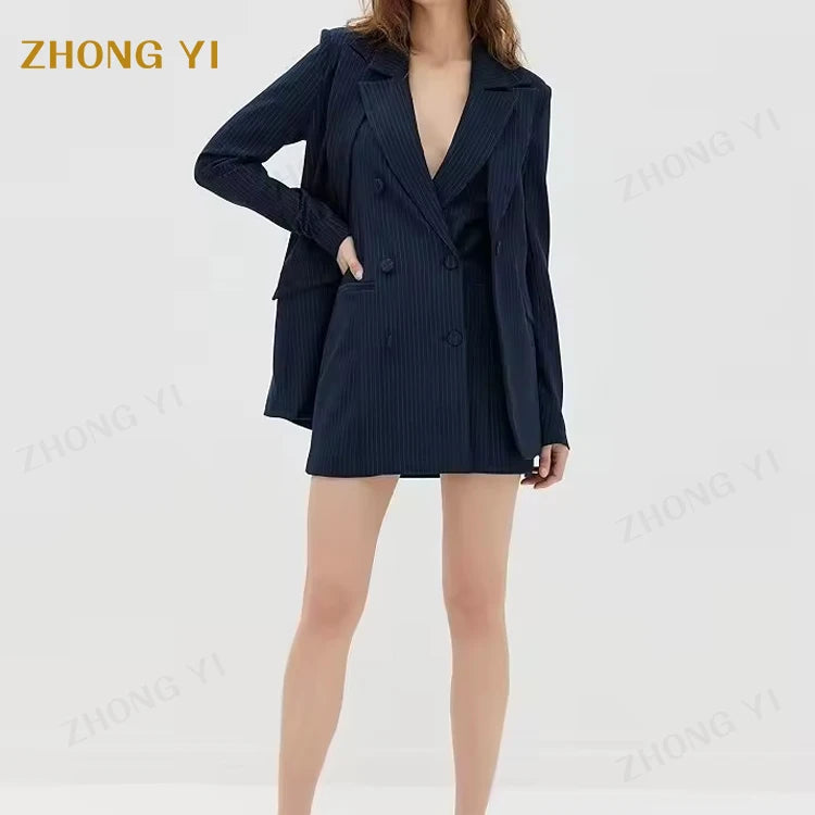 Wholesale Women Stripe Ponte Sleeveless V Neck Blazer Dress Collared Neck Peaked Lapels Double Breasted Button Placket Suit