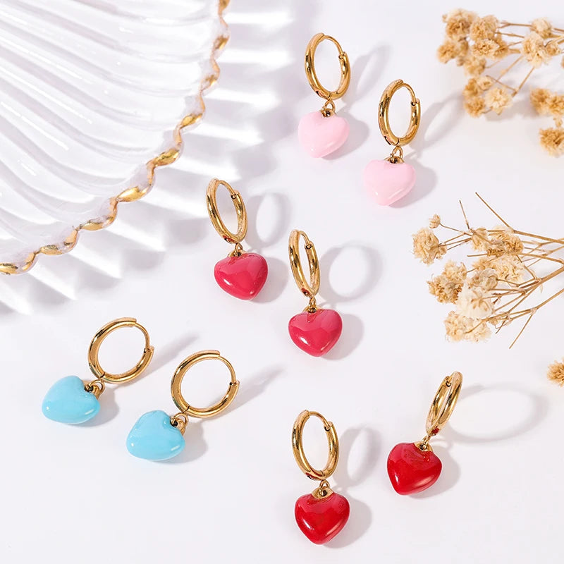 HOVANCI Tarnish Free Jewelry 18k Gold Plated Bijoux En Acier Inoxydable Hot Pink Heart Resin Earrings