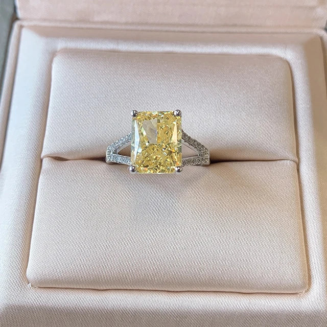 925 Sterling Silver Emerald Cut Yellow Moissonite Diamond Ring Rhodium Plated Fashion Jewelry for Wedding Engagement or Party