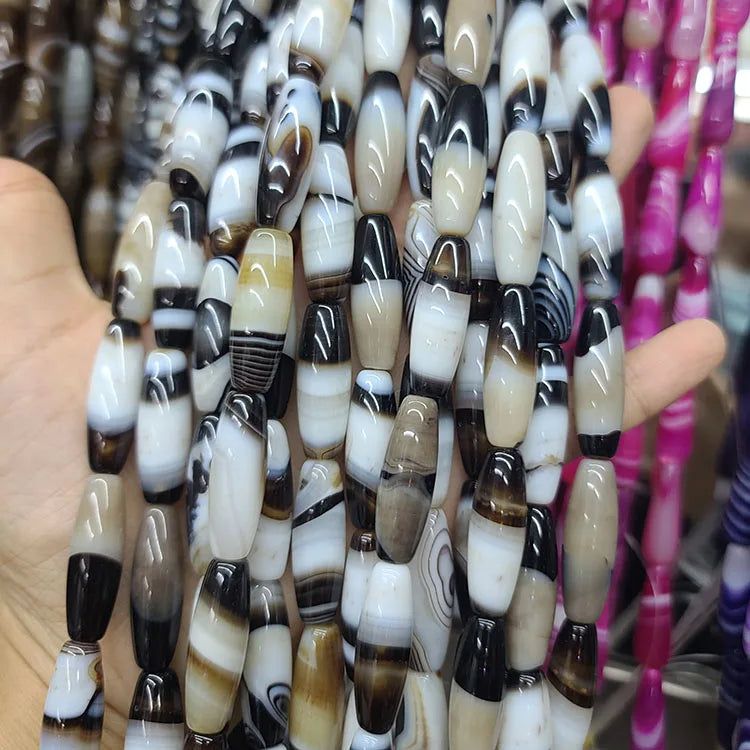 AB0708 Natural Brown Banded Striped Agate Drum Beadsbrown Stipe Agate Barrel Beads