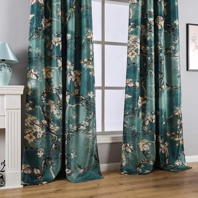 American Style Chinese Plum Blossom Floral Print Curtains Green Pleated Grommet Decorative Window Coverings for Office and Cafe
