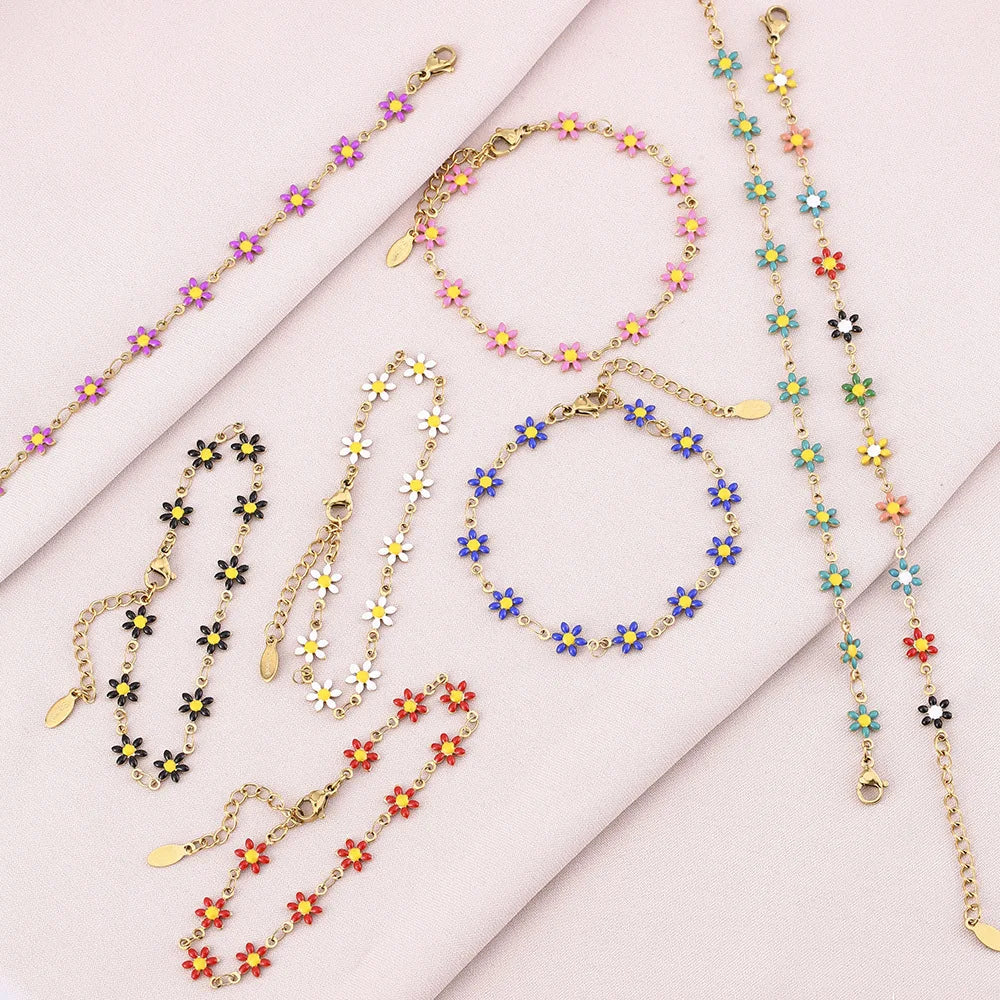 16 Color 2023 New Arrivals Women Colored Dripping Oil Flower Bracelet PVD 18k Gold Plated Stainless Steel Enamel Flower Bracelet