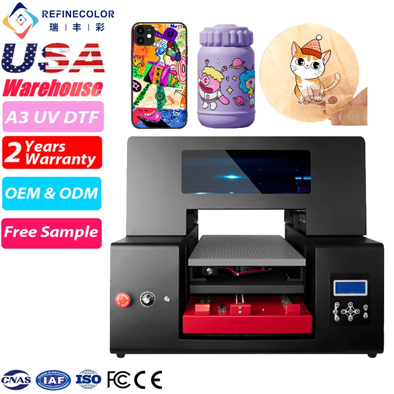 Refinecolor Wide Use A3 UV DTF Flatbed Sticker Printer Phone Case Tumbler Pen Golf Balls Printing Machine for Small Business