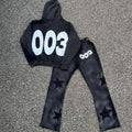 100% Cotton Distressed Embroidered Patch Acid Wash Applique Hoodies Stacked Flared Sweat Pants Men Zip up Hoodie and Jogger Set