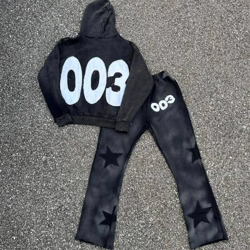 100% Cotton Distressed Embroidered Patch Acid Wash Applique Hoodies Stacked Flared Sweat Pants Men Zip up Hoodie and Jogger Set