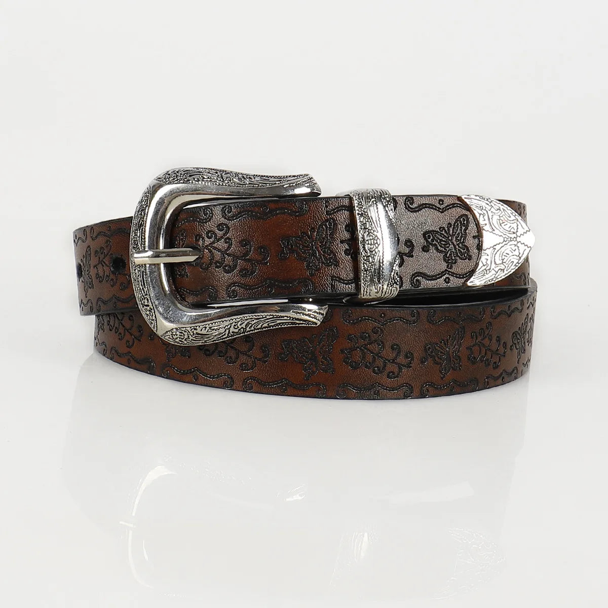 Leather Belt With Butterfly Embossed Finish Belt With Old  Metal Buckle