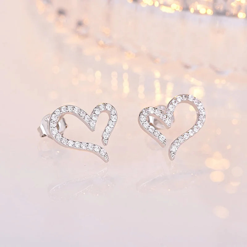Korean Style Love Heart-Shaped Stud Earrings Full Pave Cubic Zircon Earrings Sterling Silver Needle Post Earring for Women Girl