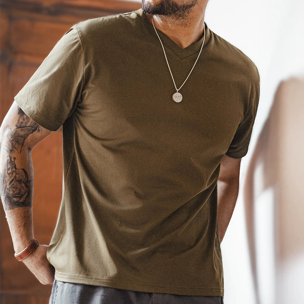Maden Wholesale Men's T-shirt Vintage Workwear Classic Casual Quick-Dry Cooling V-Neck Solid Short-Sleeved T-shirt Summer Top