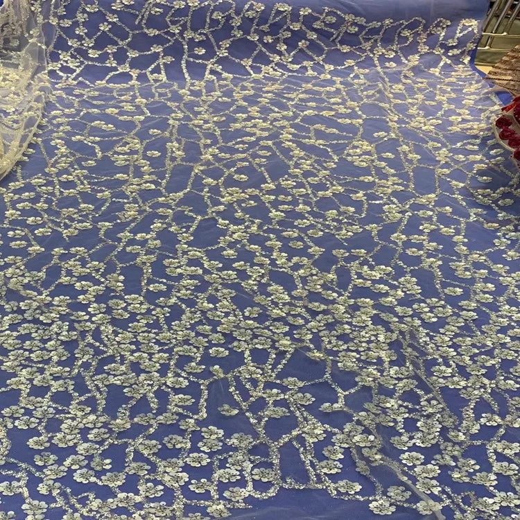 Luxury Silver Beaded Embroidery Bridal Laces Fabrics African Fabrics White  for Wedding Dress