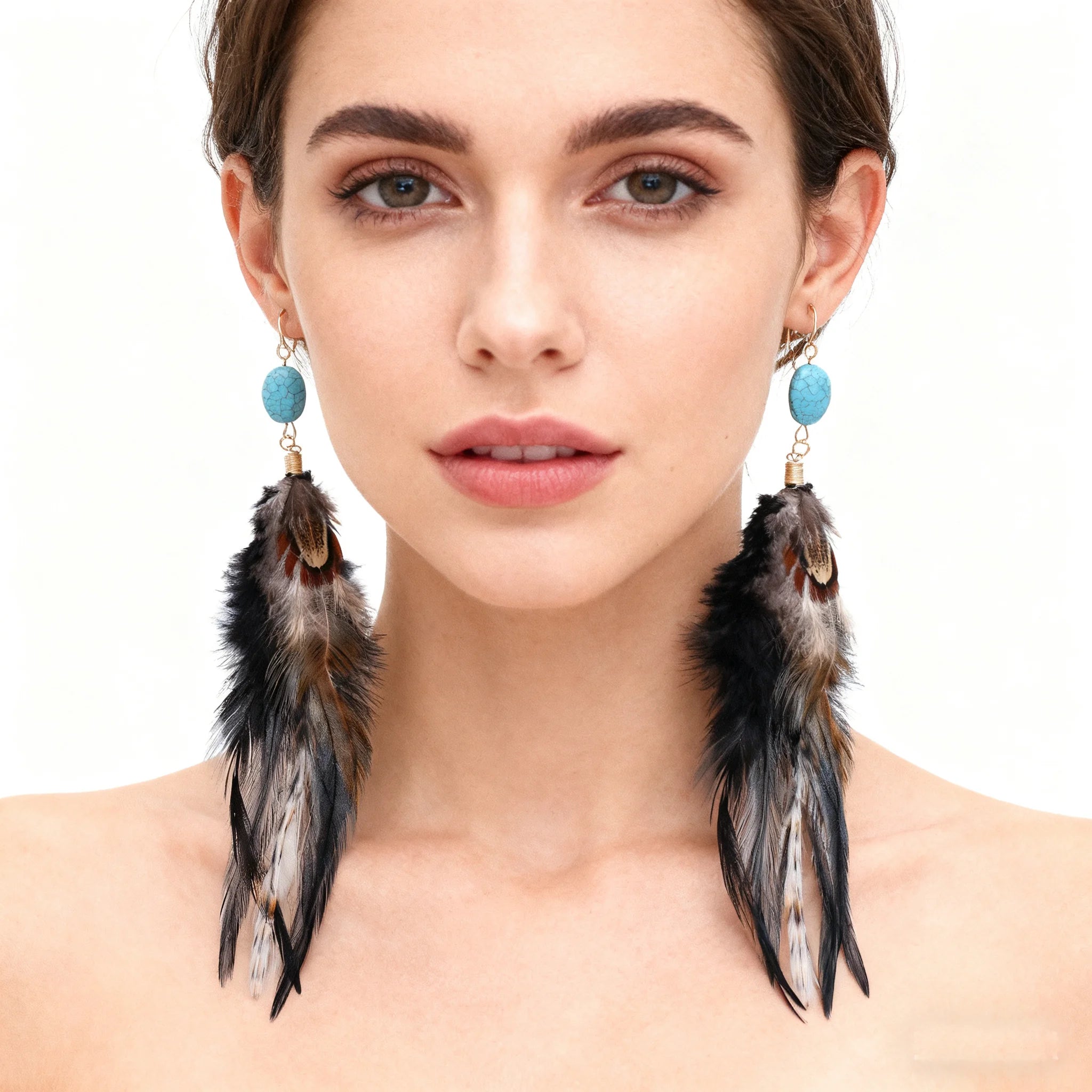 Bohemian Style Multicolor Peacock Feather Dangle Earrings Drop Shaped Alloy Zinc Tassel Pendant Earrings Jewelry