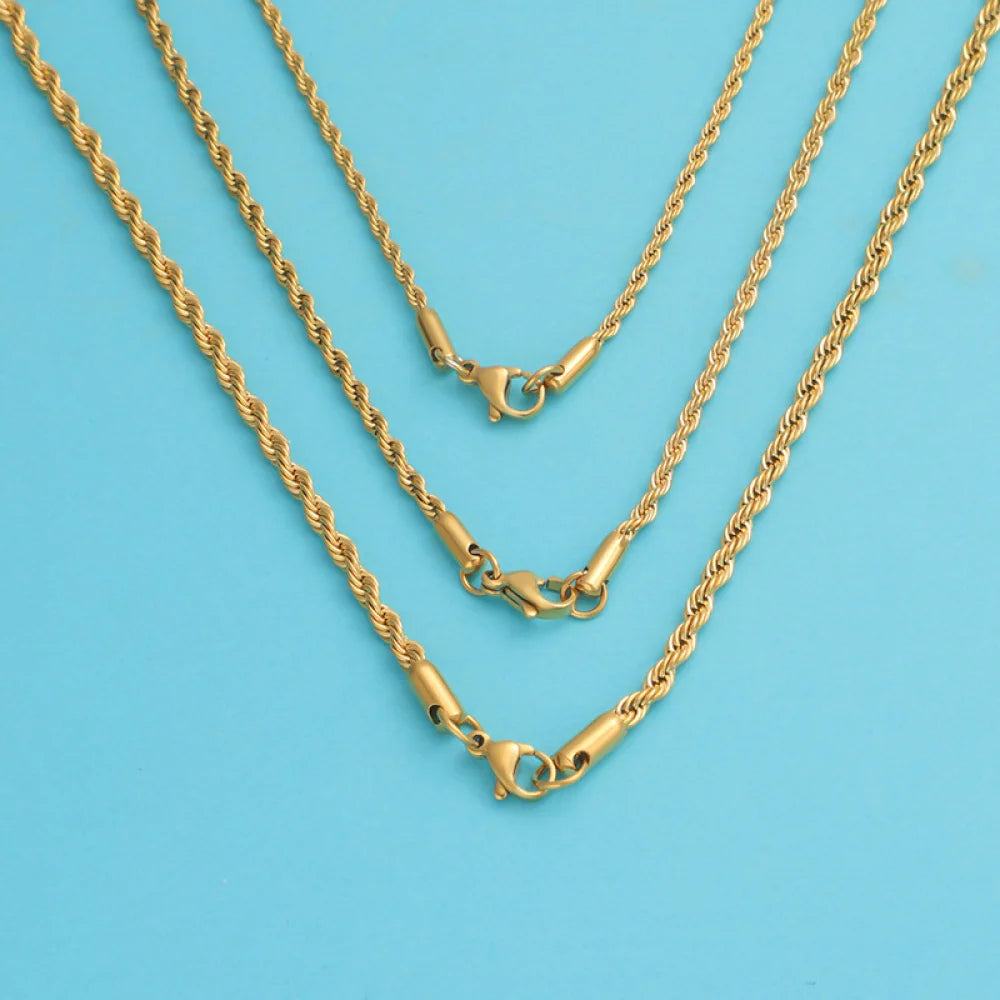 Tarnish Free Waterproof Fashion Jewelry 18K Gold Plated Stainless Steel Twisted Rope Chain Necklace