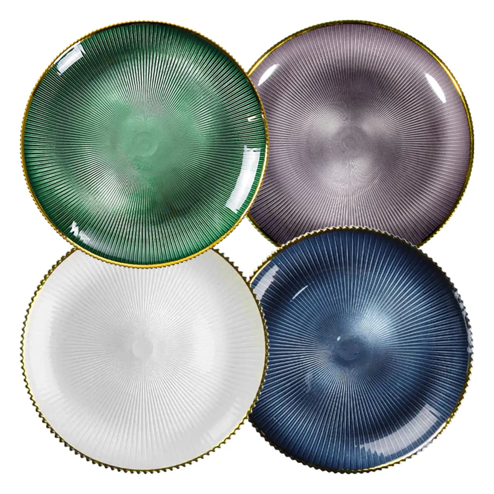 13-Inch Black Glass for Charger Plate with Gold Rim Elegant Wedding Decorative Serving Dish for Dinner Round Glass Plate