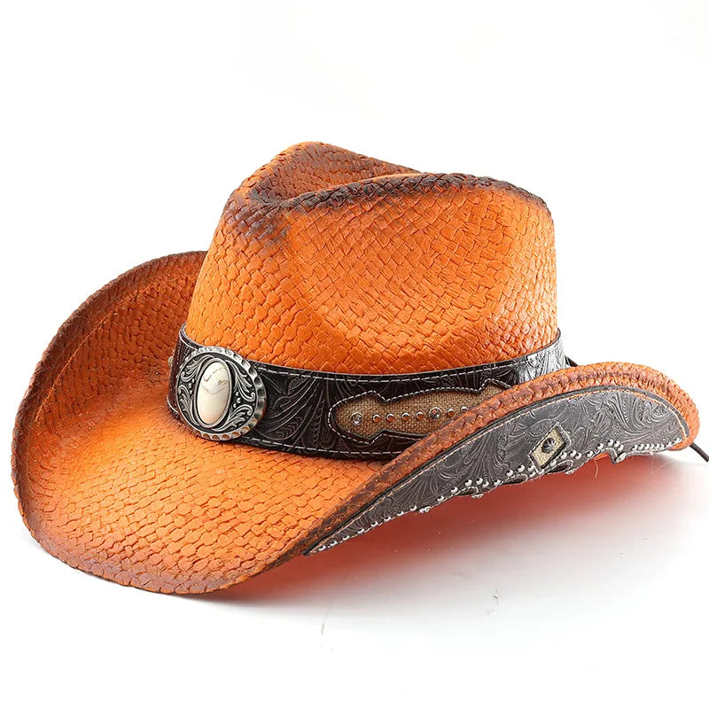 Hot Fashionable Vintage Black Flower Straw Cowboy Hat with Adjustable String Direct From Factory