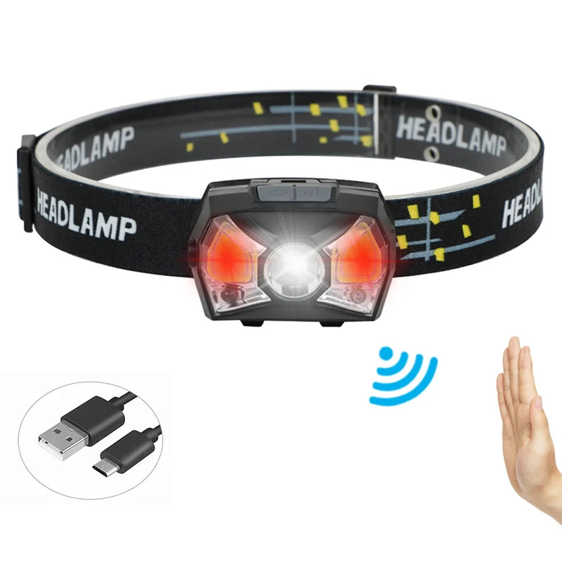 High Power 450 Lumen USB Rechargeable Sensor Headlamp White Red Lighting LED Induction Head Light for Bicycle Lithium Ion