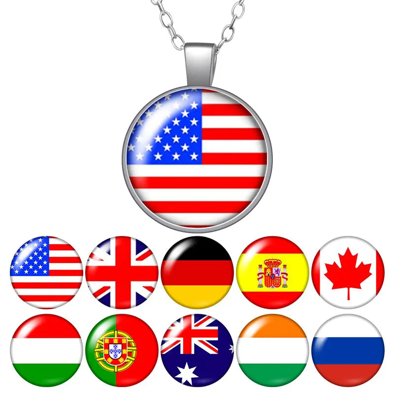 287 Countries Flag Design Crystal Dome Cabochon Pendant Necklace Country Flag Link Chain Necklace