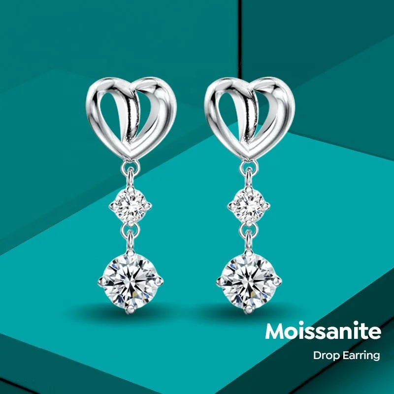 1CT Diamond Unusual Long Hanging Dangle Drop Heart Moissanite Earring for Women 925 Sterling Silver Wedding Fine Jewelry