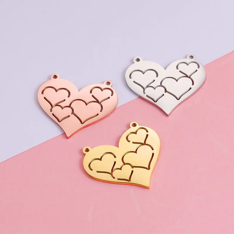 Hot Selling Mirror Stainless Steel DIY Double Hole Hollow Heart Customizable Engraved Pendant Accessories