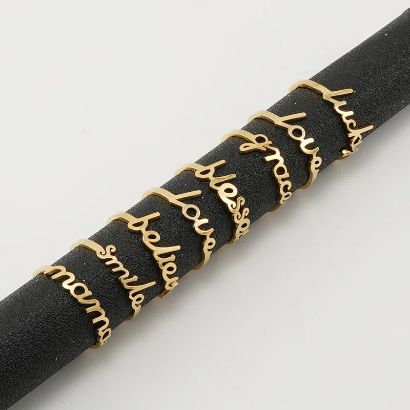 Personalized 18K Gold Stainless Steel Fashion Ring Titanium Steel Open Design Engraved Message Hypoallergenic Non-Tarnishing for