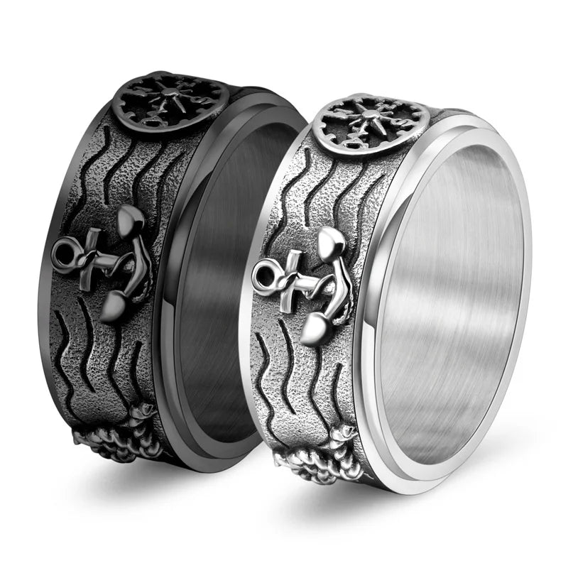 Men's Accessories Stainless Steel Viking Vintage Figure Pirate Ship Anchor Compass Rope Punk-Style Compass Rotatable Finger Ring