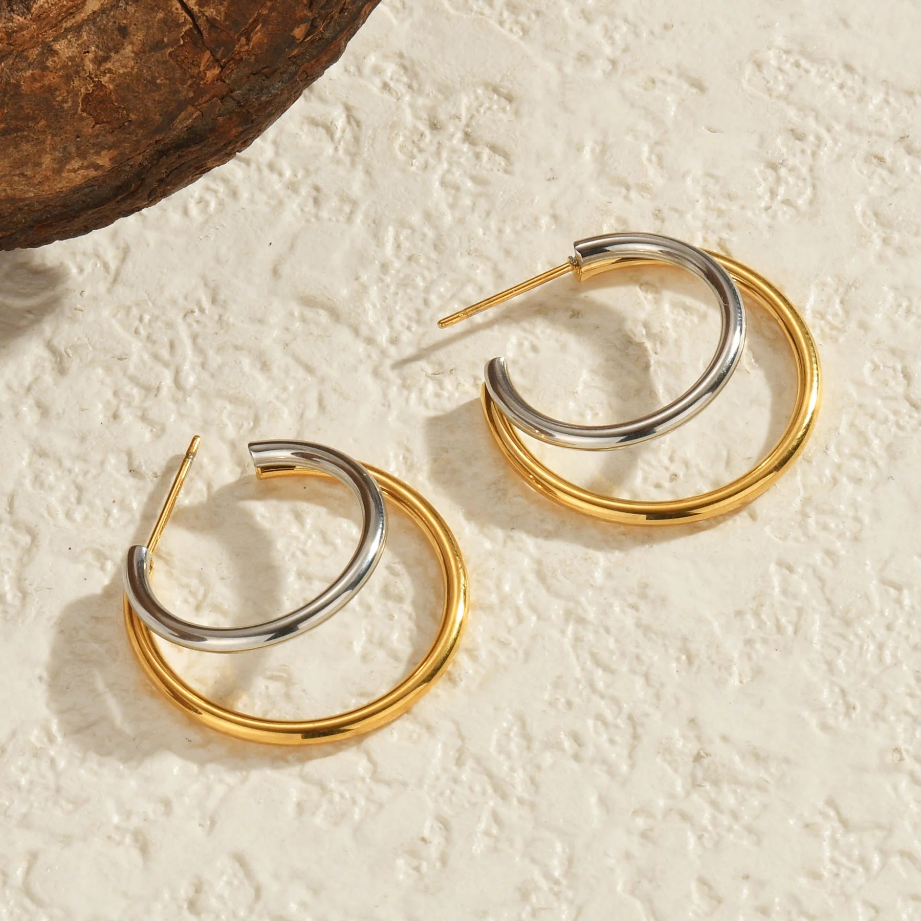 New Design Exquisite Double Circle Gold Sliver Color Mix Stainless Steel Fashion Earrings for Women