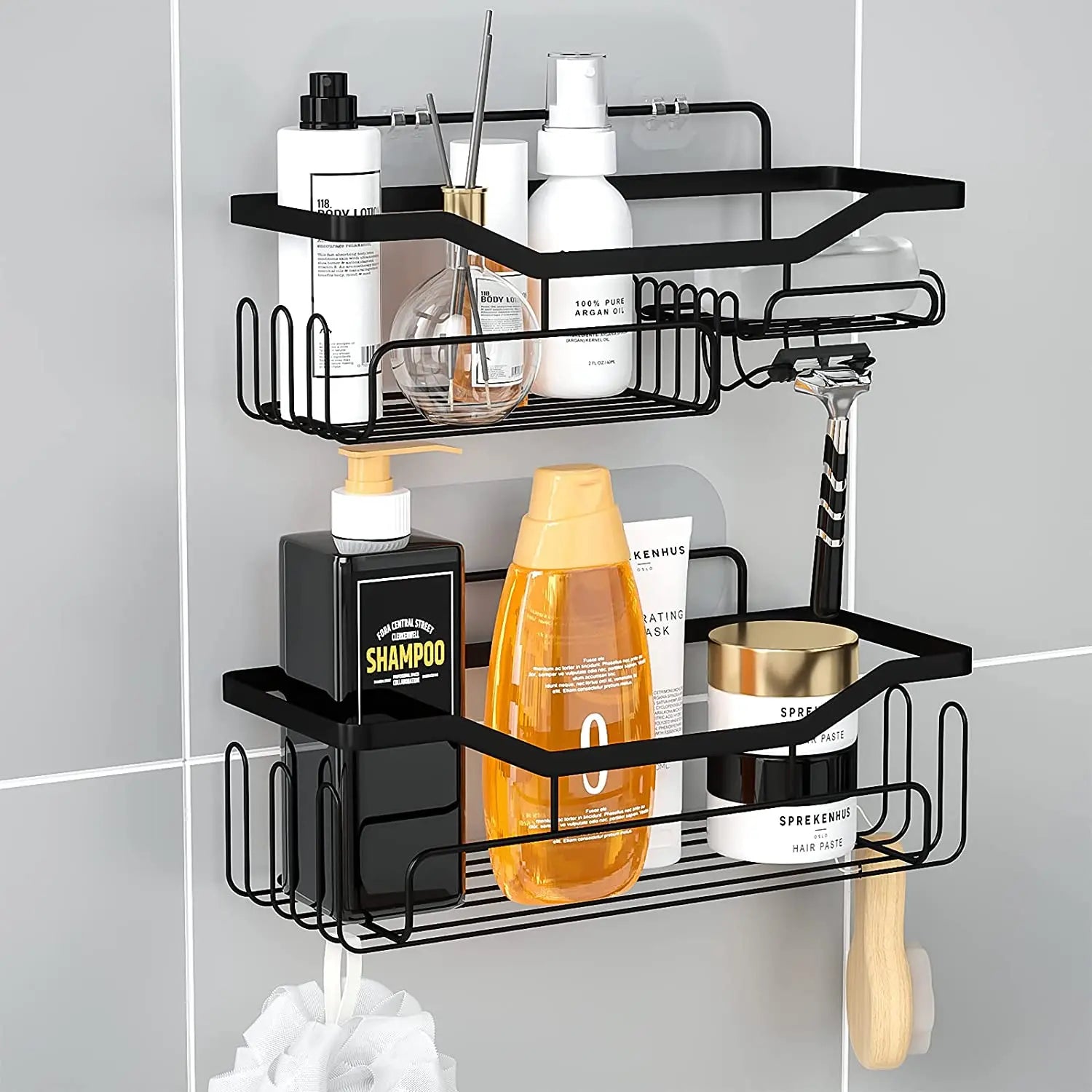 Modern Stainless Steel Corner Shower Caddy Shower Organizer Wall-Mounted Black Dual Tier Basket Shelves