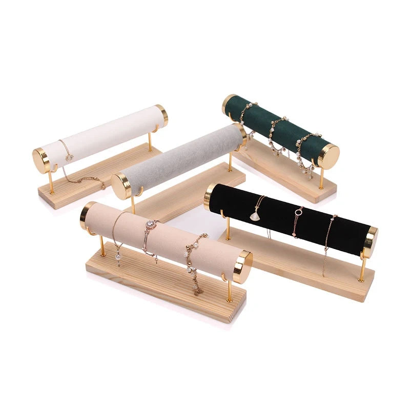 Gold Wood Base 1 Bar Suede PU Leather Jewelry Bracelet Bangle Watch Chain Display Holder Rack