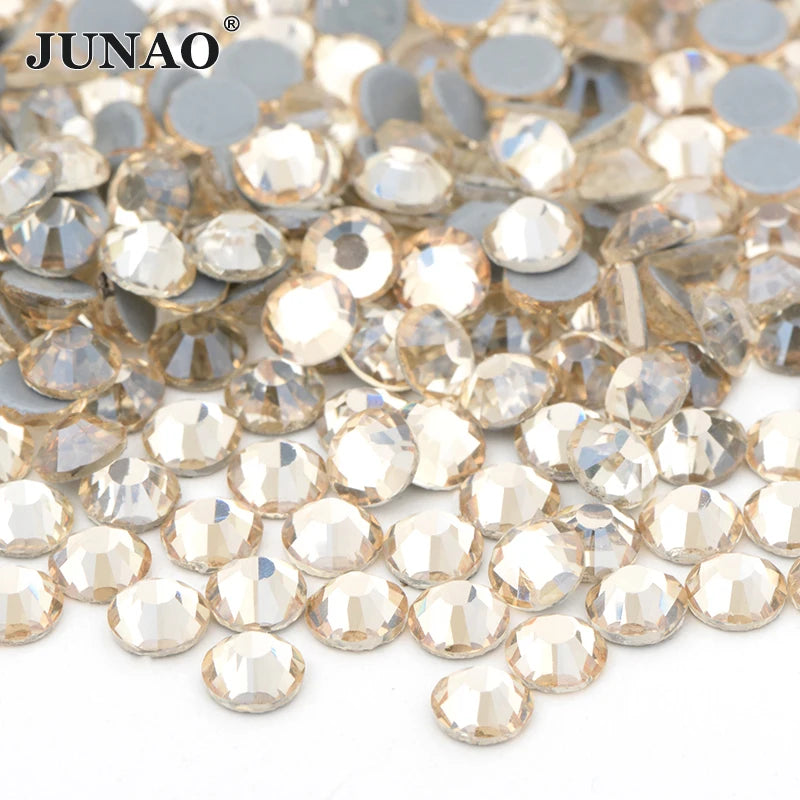 JUNAO Factory Hot Sale SS3-SS40 Glass Hotfix Crystal Strass Gold Shadow Gems Flatback Iron on Rhinestones for DIY Bags