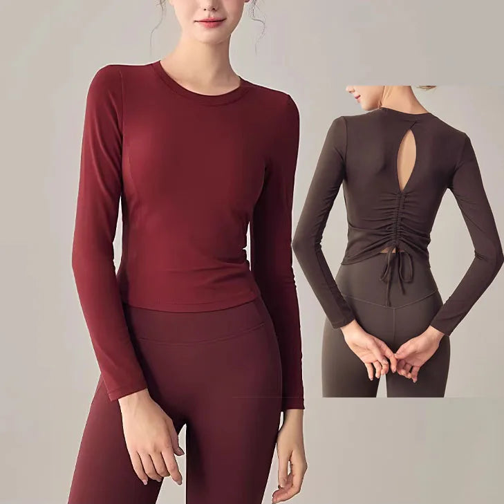 Hot Sale Women Sports Top Long Sleeve Backless Drawstring Yoga Shirt Breathable Fitness Yoga T-shirt