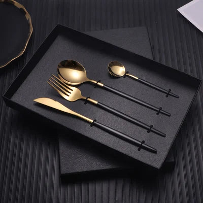 Modern Luxury Golden Silverware 4 Piece Stainless Steel Gold Cutlery Flatware Set with Gift Box