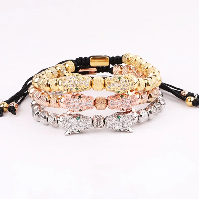 New Fashion High Quality 18K Gold Plated Stainless Steel Beads Cubic Zirconia Pave Leopard Charm Macrame Bracelet for Men
