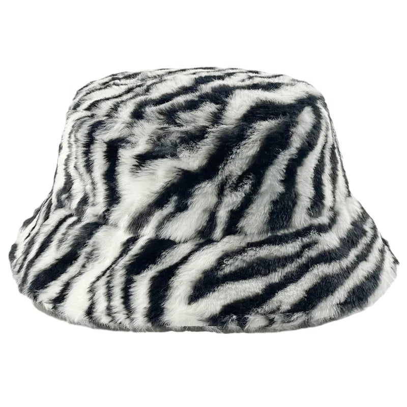 Autumn Winter Unisex Adult Designer Bucket Cap Furry Zebra Plush Logo Fleece Customised for Travel Ski Fishing Parties Daily Use