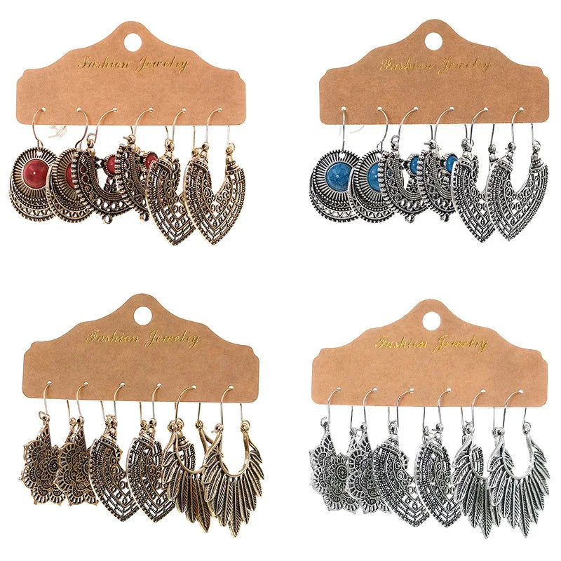 New Trend Hollow Alloy Gemstone Earrings Flower Personality Combination Set Earrings Jewelry