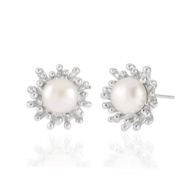 WMET605 Natural Freshwater Cultured Sunflower Pearl Stud Earrings S925 Sterling Silver Lava with Round Pearl Gift for Her