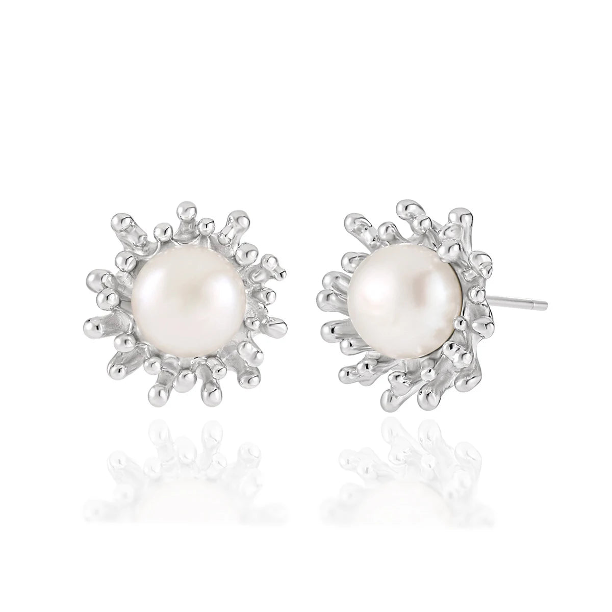 WMET605 Natural Freshwater Cultured Sunflower Pearl Stud Earrings S925 Sterling Silver Lava with Round Pearl Gift for Her