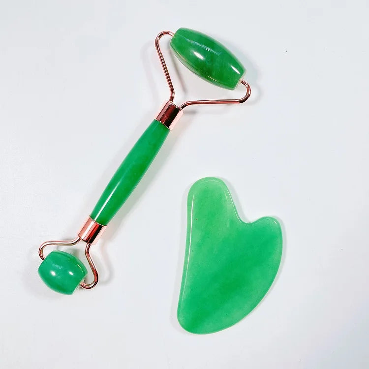 Huiying Crystals Hot Selling Custom Anti-Aging Green Aventurine Jade Facial Roller Jade Roller Guasha Set Kit