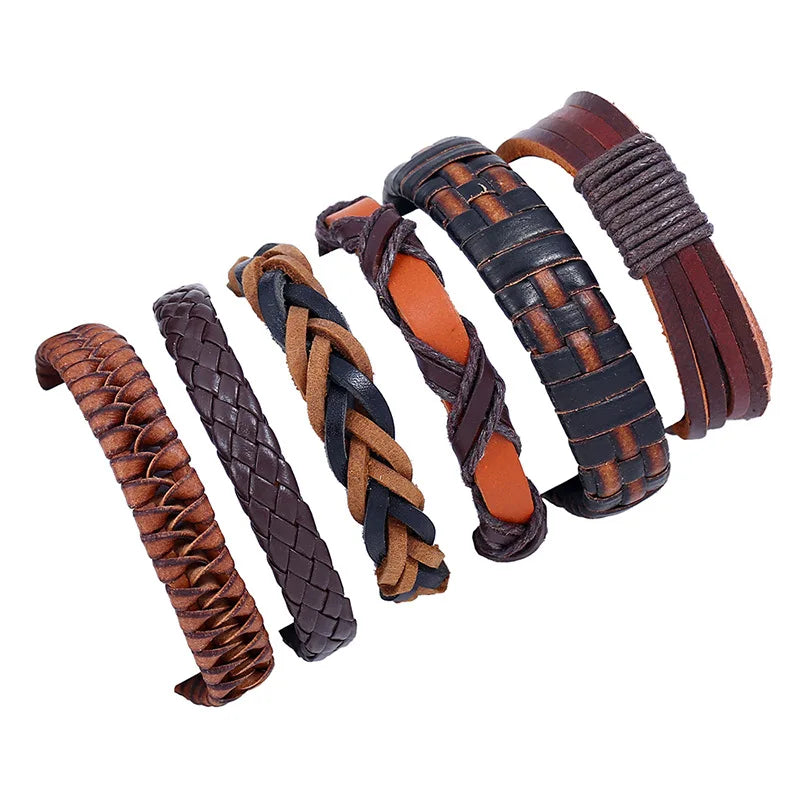 Wholesale 6Pcs/Set Handmade Multilayer Punk Leather Bracelets & Bangles Woven Jewelry Charm Bracelets for Men