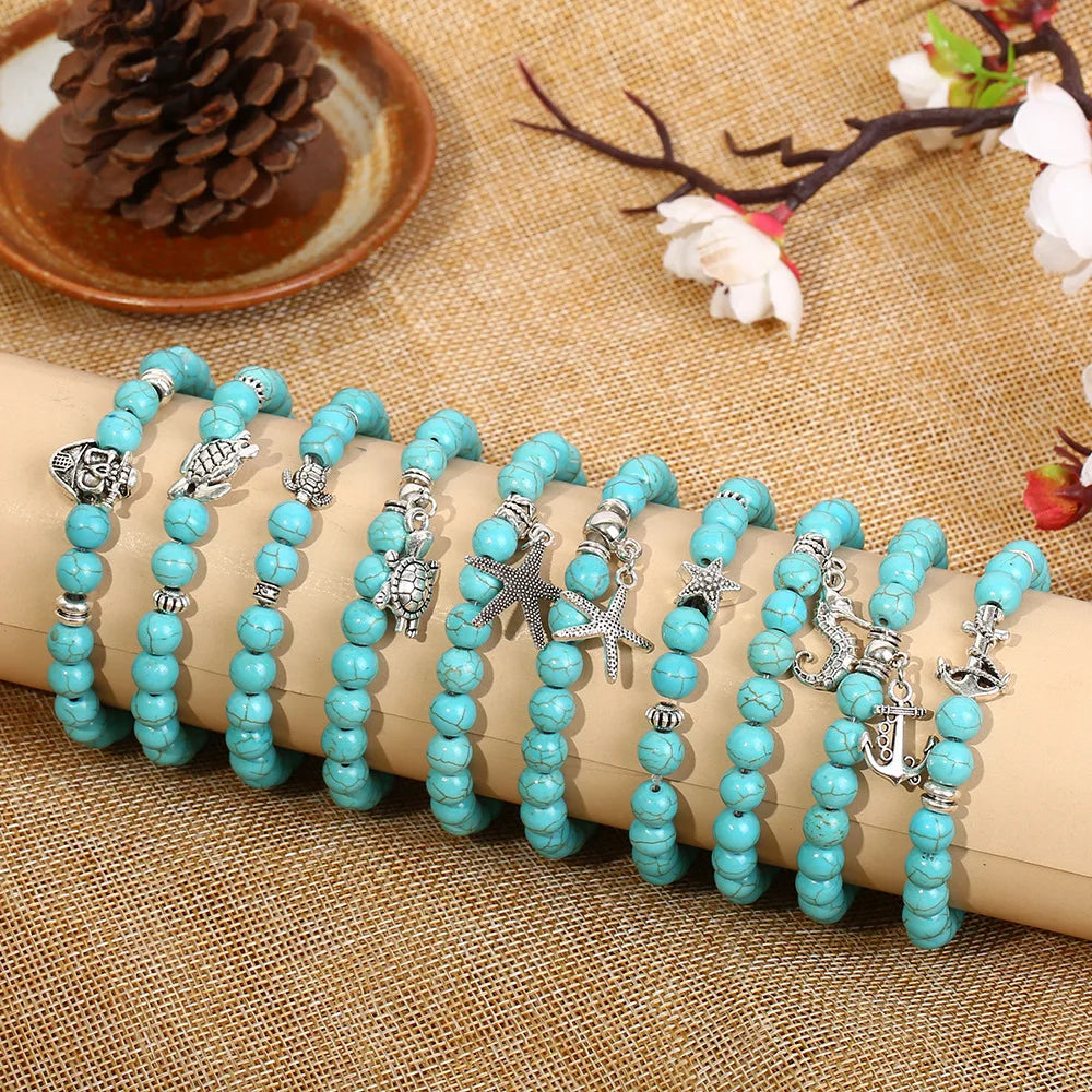 Ocean Boho Style 20 Design Stretch Beaded Elastic Turquoise Stone Bracelet Natural Stone Charm Bracelet Jewelry for Women