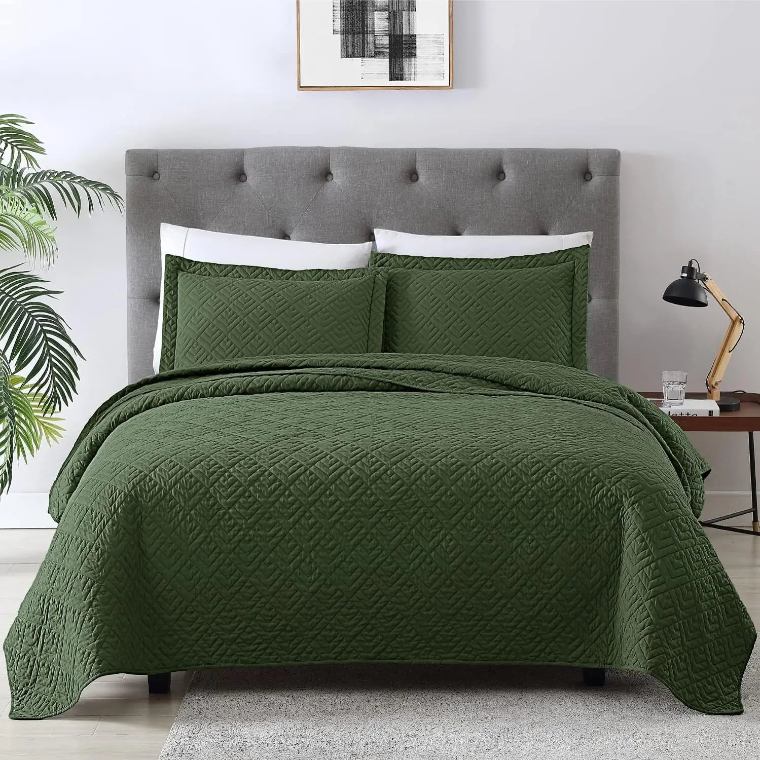 Olive Modern Style Squares Pattern Comforter Set Full Queen Size Lightweight Soft Coverlet Bedspread with 1 Quilt 2 Pillow Shams