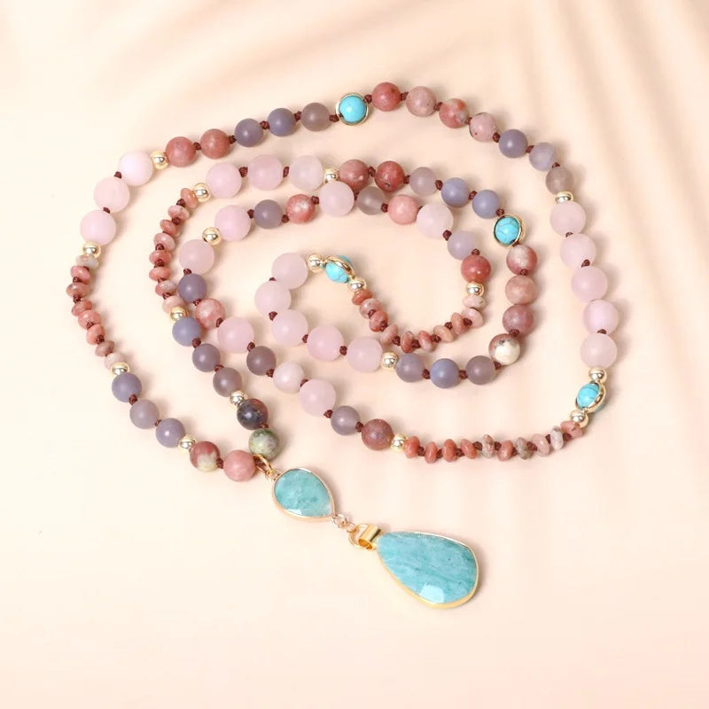 Boho Amazonite Natural Stone Pendant Necklace Handwoven Healing Crystal Rose Quartz Arrow Pendant Necklace