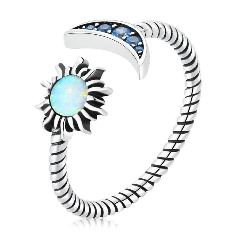 925 Sterling Silver Open Size Ring Shining Sun Moon Vintage Twisted Design Cut Fine Jewelry for Women Wedding Party Gift SCR796
