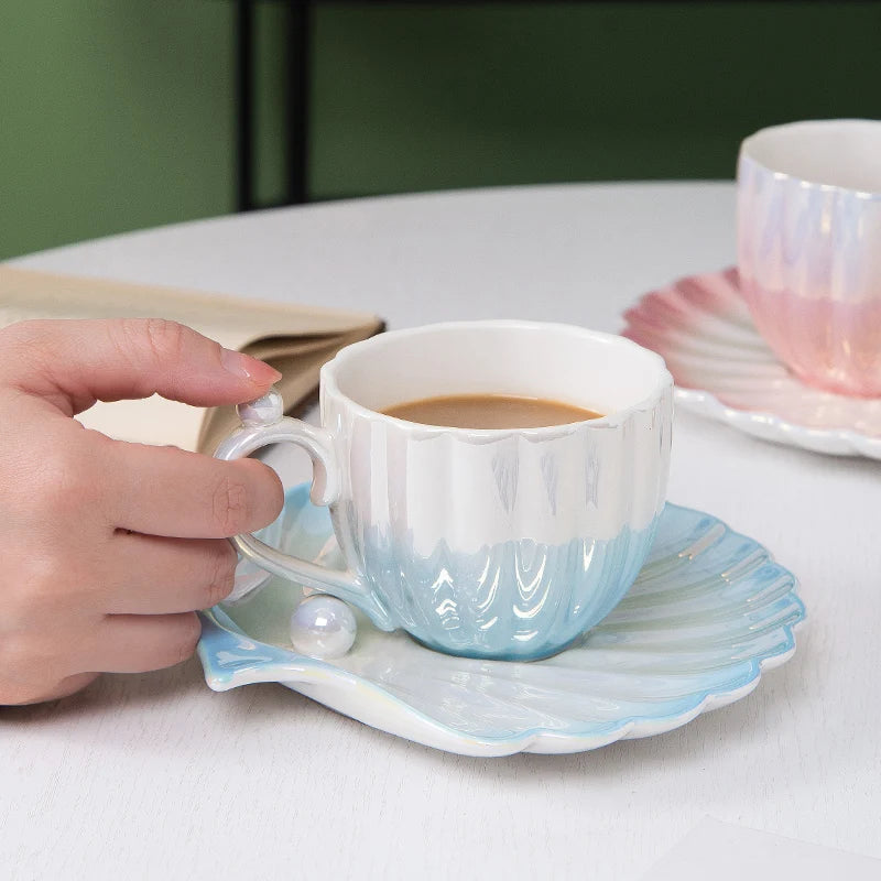 Nordic Beauty Pearl Design Glaze Ceramic Coffee Cup Breakfast Milk Cup with Saucer